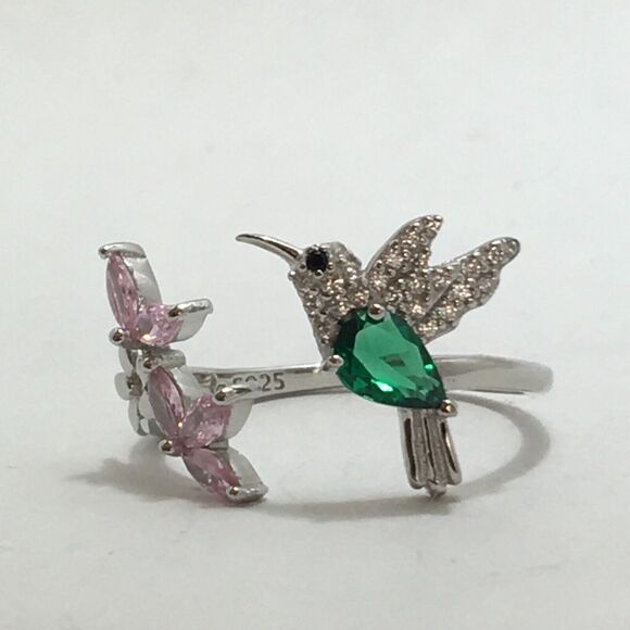 Sterling Silver Hummingbird Ring Adjustable Size 7 CZ Pink Flowers Green Body - Picture 6 of 16